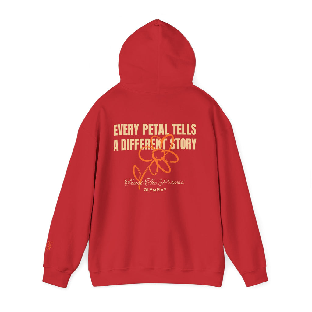 Red/White Heavy Hoodie "Every Petal Tells A Different Story"